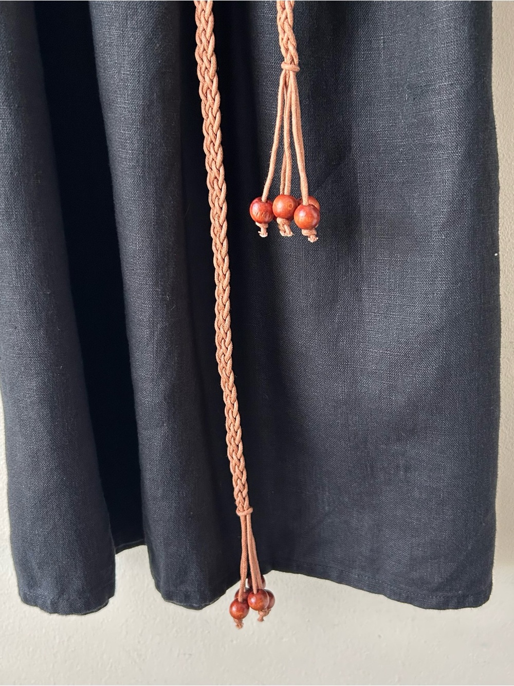 Garnet Hill 100% Linen Shirt Dress Midi Beaded Braided Belt Black Brown 8 - Picture 4 of 9